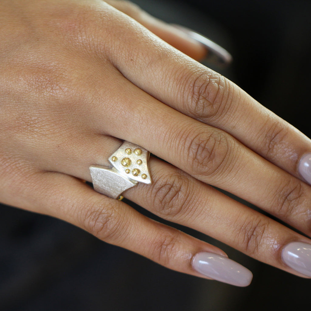 Photograph 3 of Cassie McCann's 18k Yellow Gold Sterling Silver Sea Fizz Statement Ring. Available on DESIGNYARD.com No 1 for Contemporary Jewellery Dublin Ireland.
