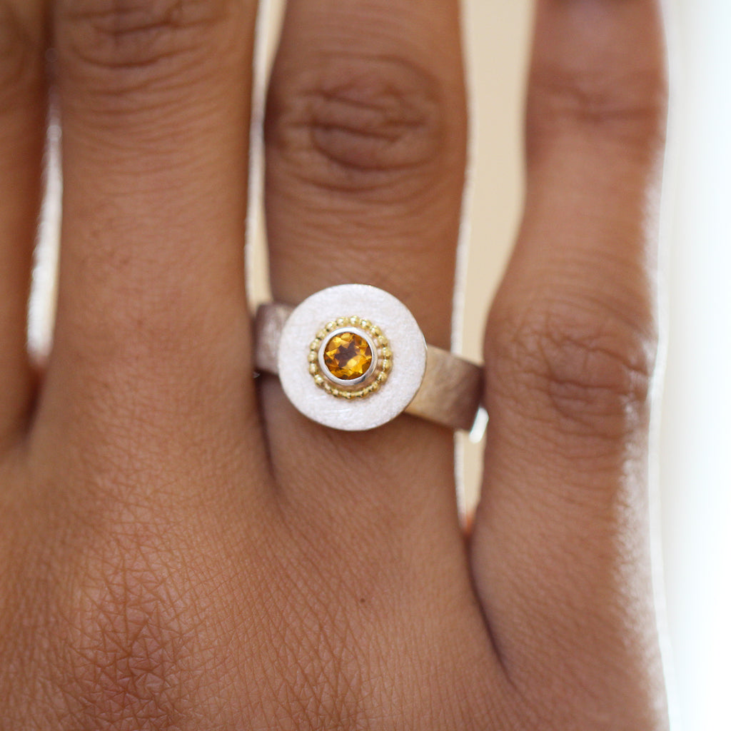 Photograph 3 of Cassie McCann's Contemporary Sterling Silver 18k Yellow Gold Sunny statement Ring. Available on DESIGNYARD.com No 1 for Contemporary Jewellery Dublin, Ireland. Free Worldwide Shipping.