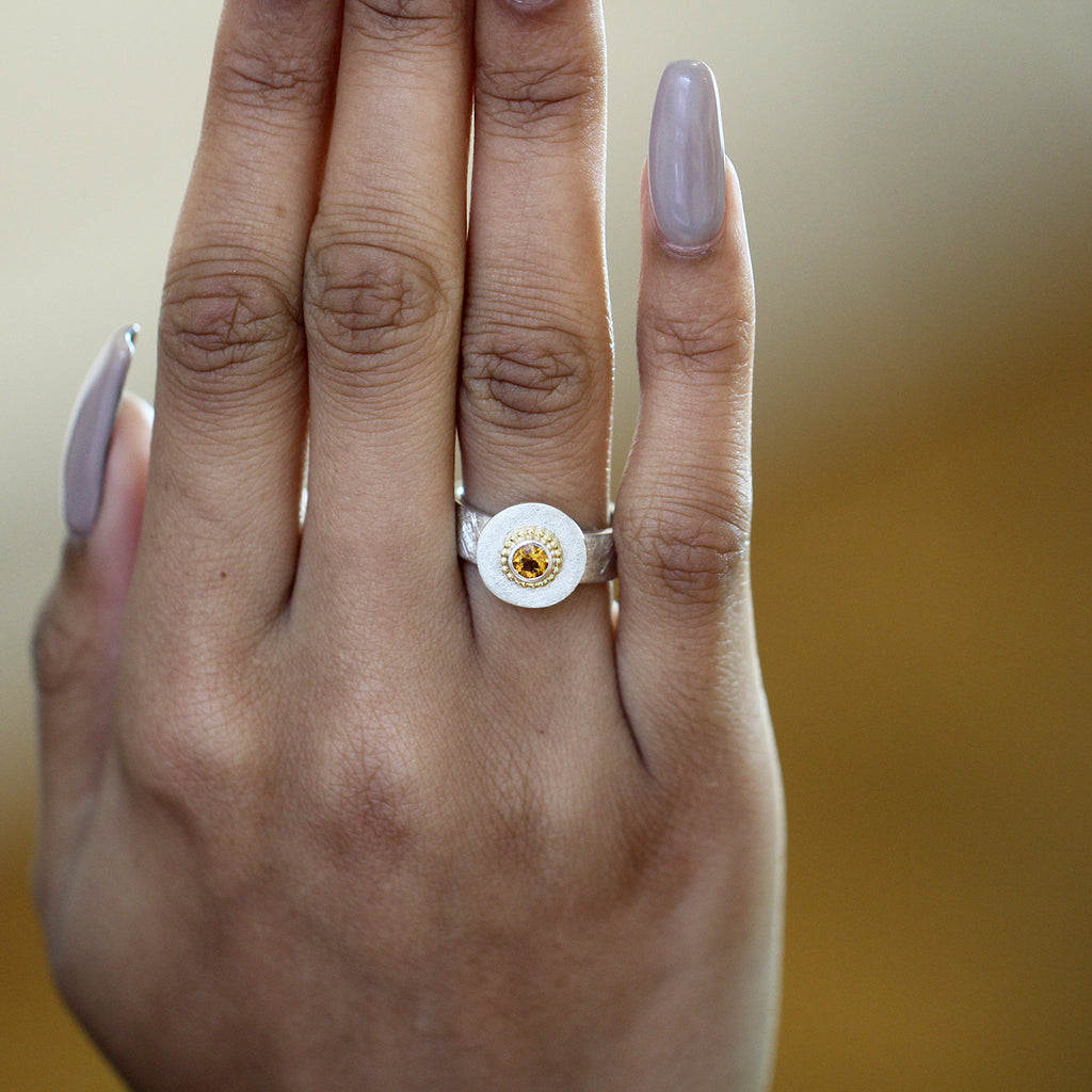 Photograph 2 of Cassie McCann's Contemporary Sterling Silver 18k Yellow Gold Sunny statement Ring. Available on DESIGNYARD.com No 1 for Contemporary Jewellery Dublin, Ireland. Free Worldwide Shipping.