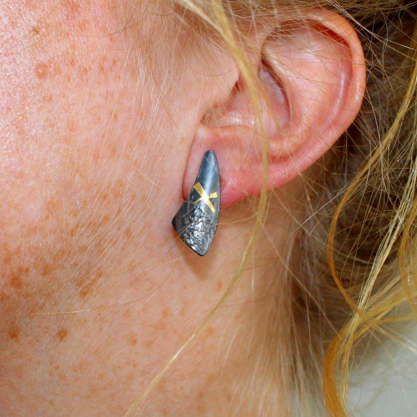 Photograph 2 of Cassie McCann's Contemporary Irish Made Sterling Silver Oxidised Medium Coastline Stud Earrings. Available on DESIGNYARD.com. No 1 for Contemporary Jewellery Dublin, Ireland. Worldwide Shipping.