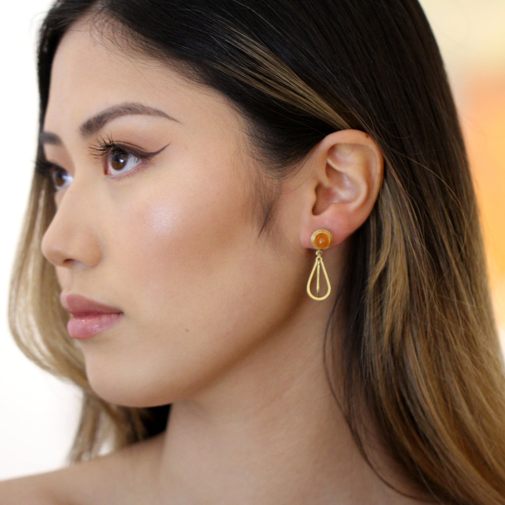 Catherine Mannheim - 18k Yellow Gold Mandarin Garnet Diamond Drop Earrings - DESIGNYARD, Dublin Ireland.