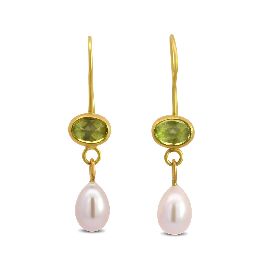 Catherine Mannheim - 18k Yellow Gold Peridot Pearl Drop Earrings - DESIGNYARD, Dublin Ireland.