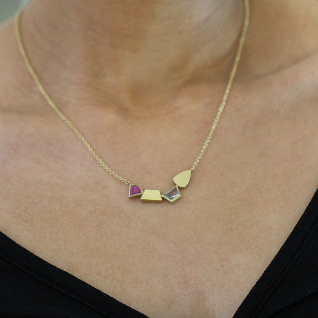 Catherine Mannheim - 18k Yellow Gold Montana Sapphire 4 Section Necklace - DESIGNYARD, Dublin Ireland.