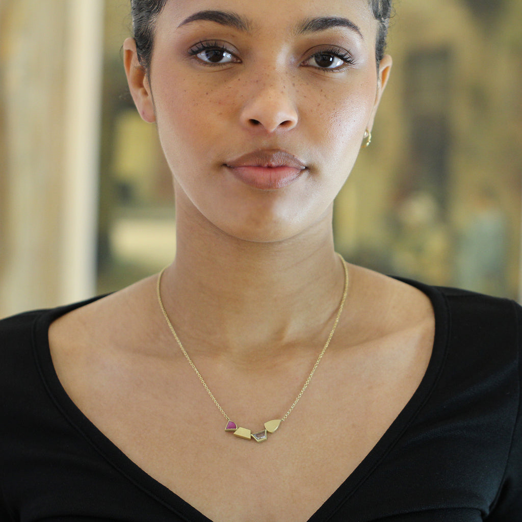 Catherine Mannheim - 18k Yellow Gold Montana Sapphire 4 Section Necklace - DESIGNYARD, Dublin Ireland.