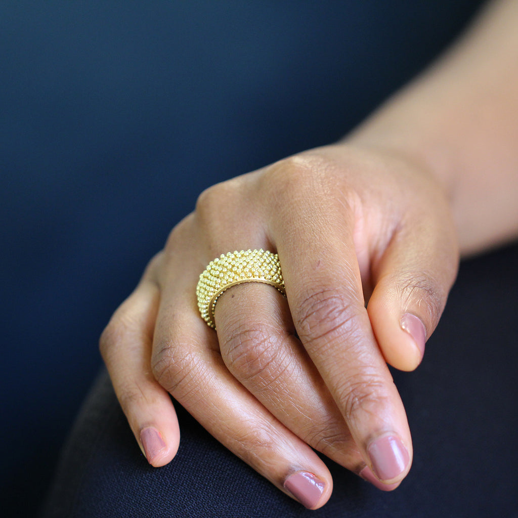 Photograph 4 of Erik Urbschat's Contemporary 18k Yellow Gold Hedgehog 8 Statement Ring. Available on DESIGNYARD.com and in our Jewellery Shop Dublin, Ireland.