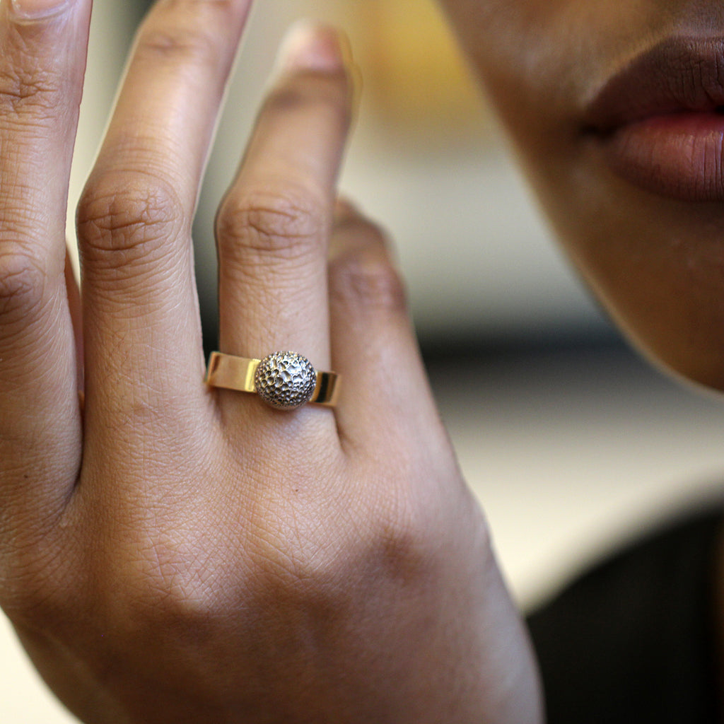Photograph 2 of Friederike Grace's Contemporary 18k Yellow White Gold Moonscape Statement Ring. Available on DESIGNYARD.com and in our Jewellery Shop Dublin, Ireland.