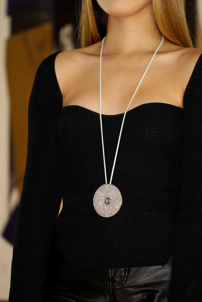 Photograph 5 of Henrich & Denzel's Contemporary Platinum Diamond Aquamarine Discus Necklace. Available on DESIGNYARD.com and in our Jewellery Shop Dublin, Ireland.