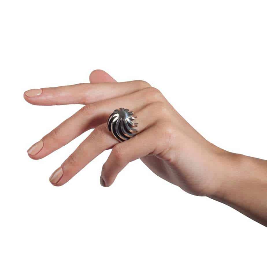 Photograph 2 of Sarah Herriot's Contemporary Silver Oxidised Twist & Shout Statement Ring. Available on DESIGNYARD.com and in our Jewellery Shop Dublin, Ireland. Free Worldwide Shipping with DHL.