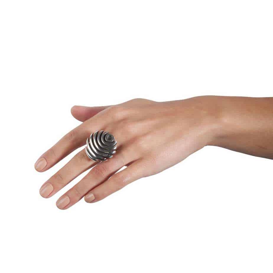 Photograph 2 of Sarah Herriot's Contemporary Silver Oxidised Fish Button Cocktail Ring. Available on DESIGNYARD.com and in our Jewellery Shop Dublin, Ireland. Free Worldwide Shipping with DHL.