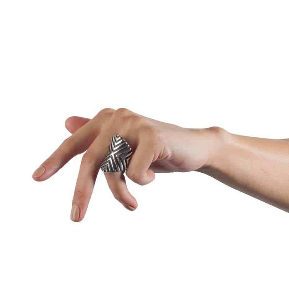Photograph 2 of Sarah Herriot's Contemporary Silver Oxidised Parametric Wave Statement Ring. Available on DESIGNYARD.com and in our Jewellery Shop Dublin, Ireland. Free Worldwide Shipping with DHL.