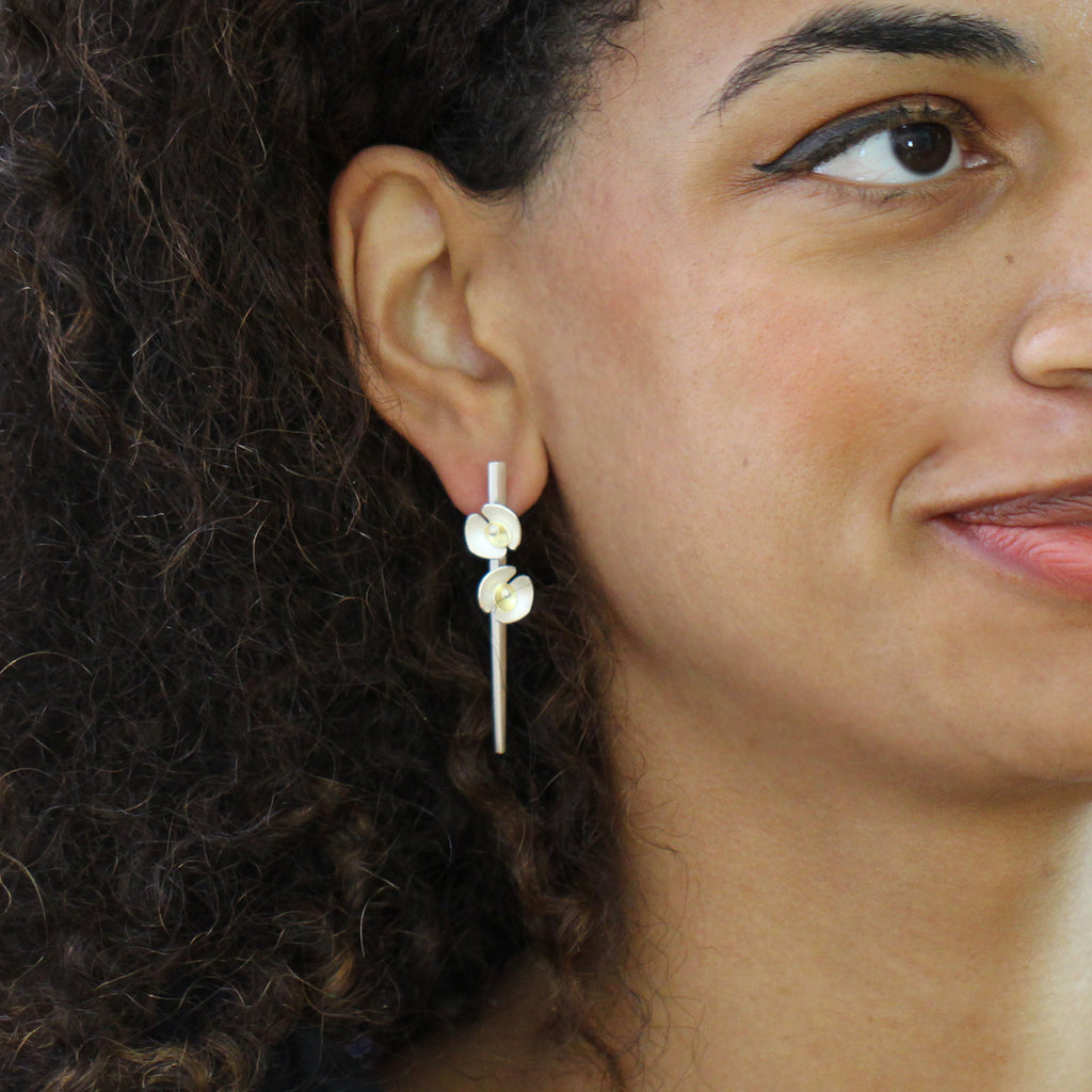 Photograph 2 of Inga Reed's Contemporary Sterling Silver 22k Yellow Gold Two Orchid Earrings. Available on DESIGNYARD.com and in our Jewelry Store Dublin, Ireland.