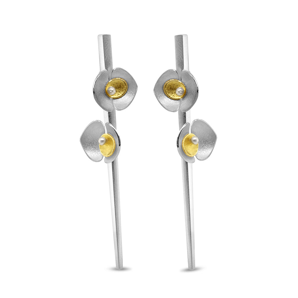 Photograph 1 of Inga Reed's Contemporary Sterling Silver 22k Yellow Gold Two Orchid Earrings. Available on DESIGNYARD.com and in our Jewelry Store Dublin, Ireland.