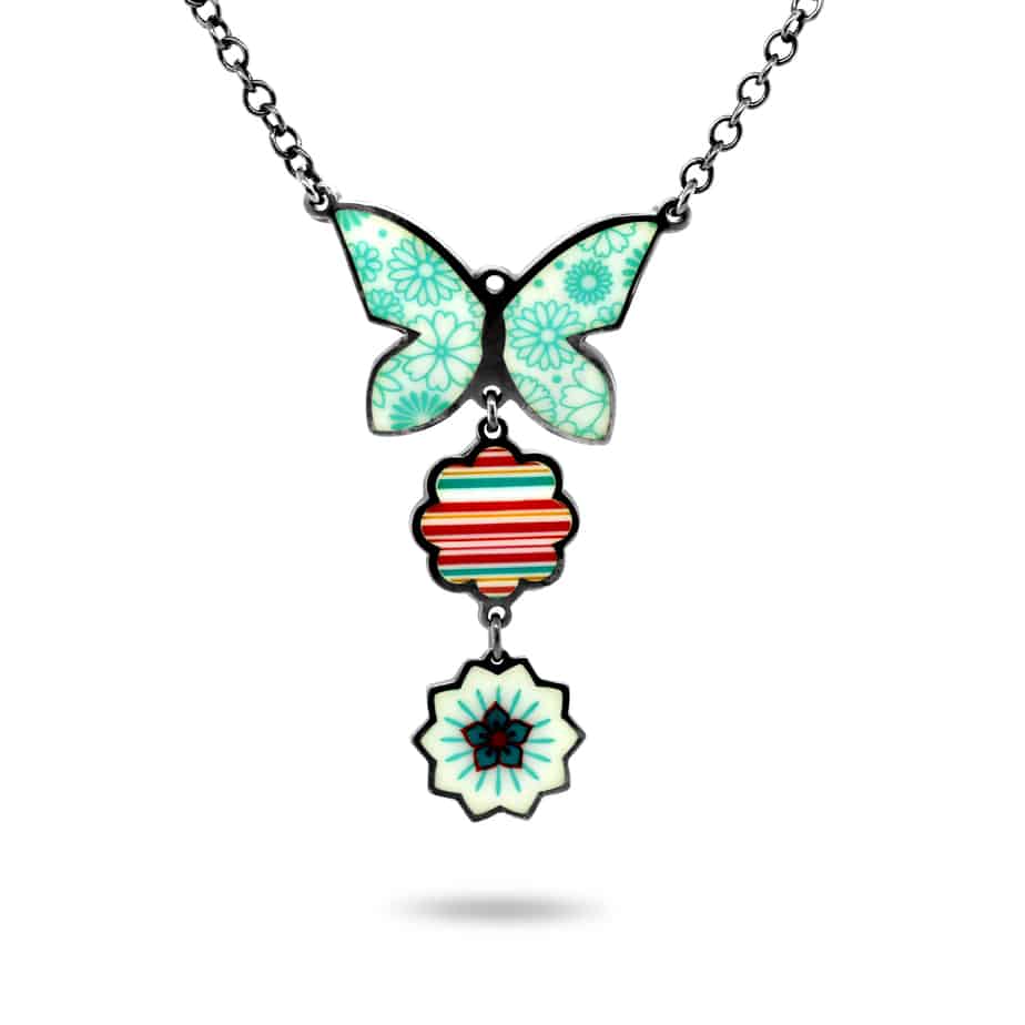 Jane Moore - Oxidised Silver Enamel Butterfly Flower Necklace - DESIGNYARD, Dublin Ireland.