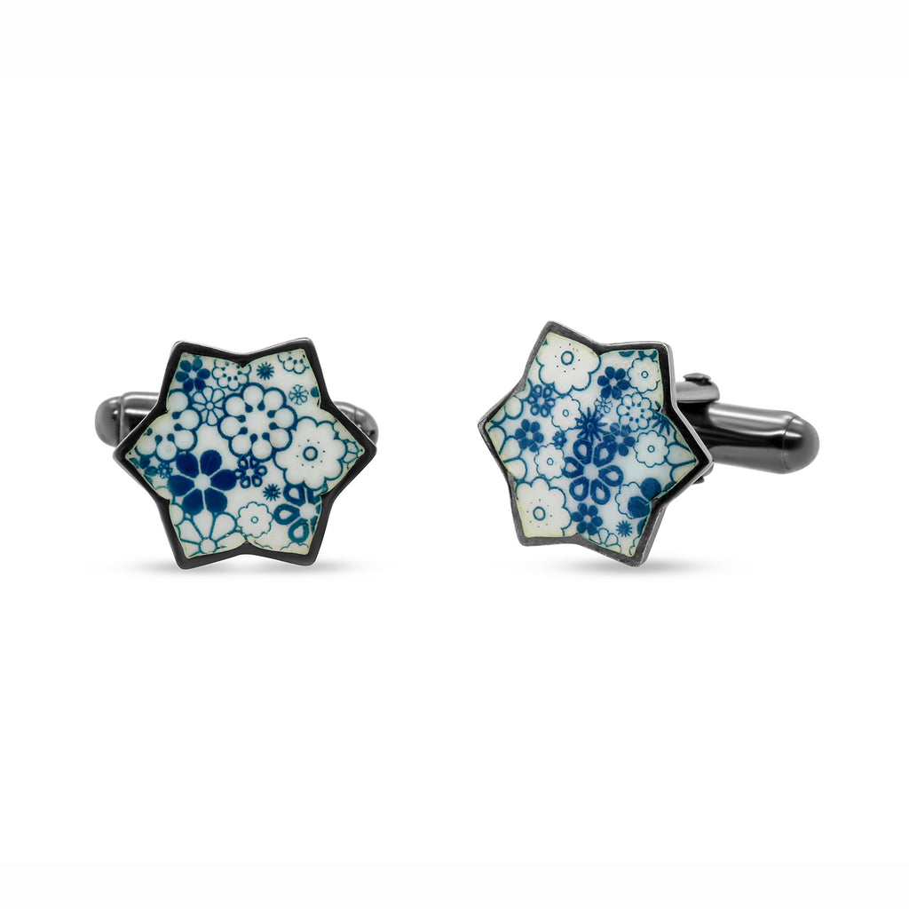 Jane Moore - Oxidised Silver Blue Flower Enamel Cufflinks - DESIGNYARD, Dublin Ireland.