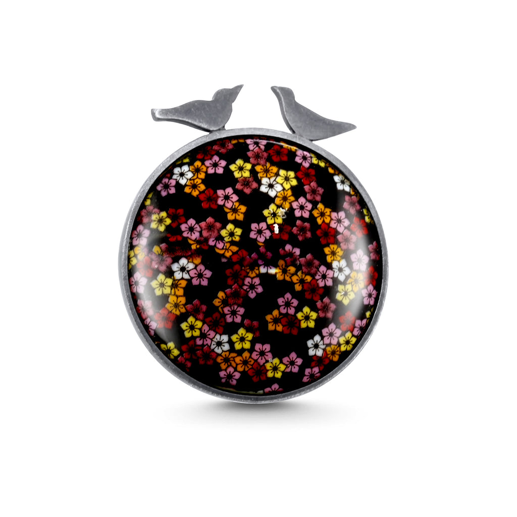 Jane Moore - Oxidised Sterling Silver Floral Enamel Round Bird Brooch - DESIGNYARD, Dublin Ireland.