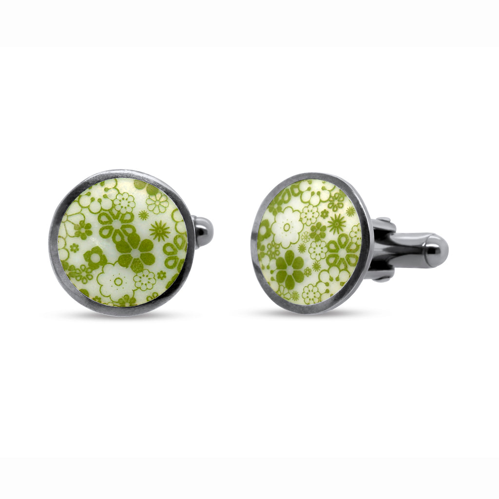 Jane Moore - Oxidised Silver Green Flower Enamel Cufflinks - DESIGNYARD, Dublin Ireland.