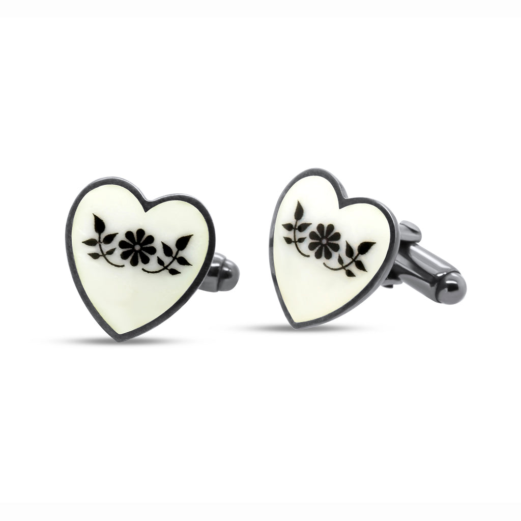 Jane Moore - Oxidised Silver White Flower Heart Cufflinks - DESIGNYARD, Dublin Ireland.