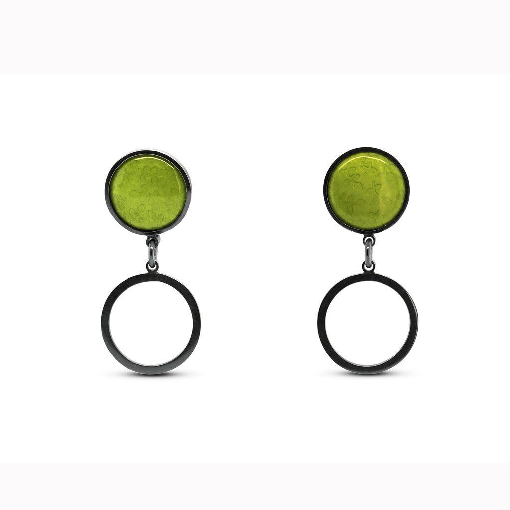 Jane Moore - Sterling Silver Oxidised Green Enamel Round Drop Earrings - DESIGNYARD, Dublin Ireland.
