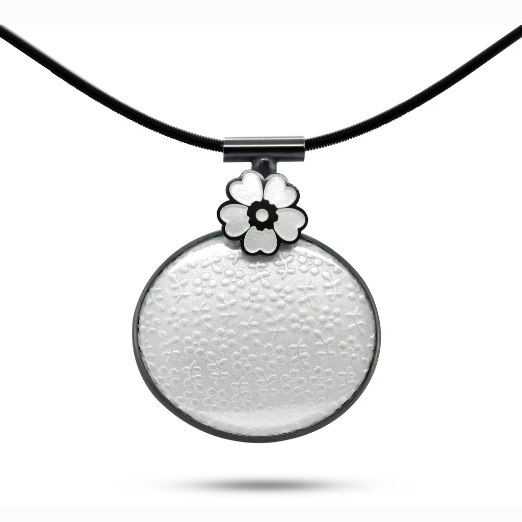 Jane Moore - Sterling Silver Oxidised White Enamel Oval Flower Necklace - DESIGNYARD, Dublin Ireland.