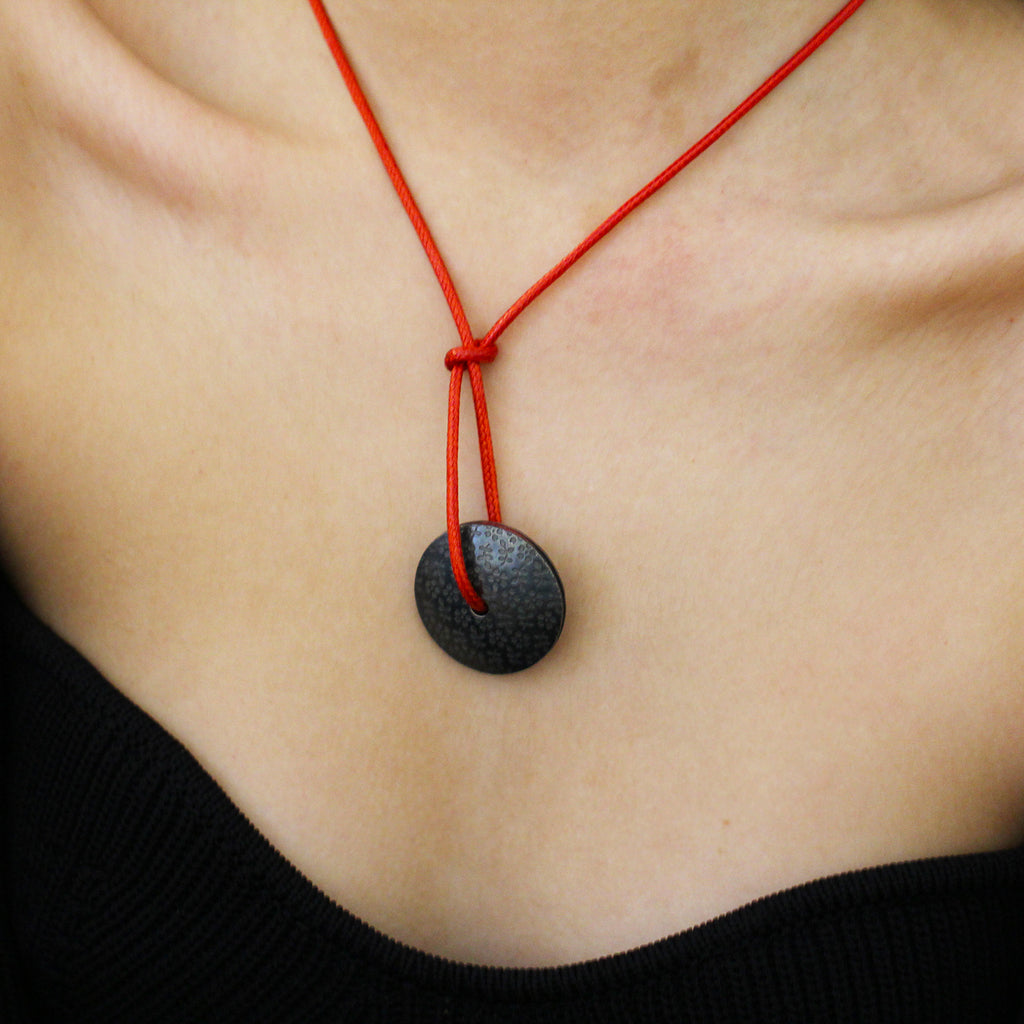 Jane Moore - Oxidised Sterling Silver Red Chinese Cord Necklace - DESIGNYARD, Dublin Ireland.