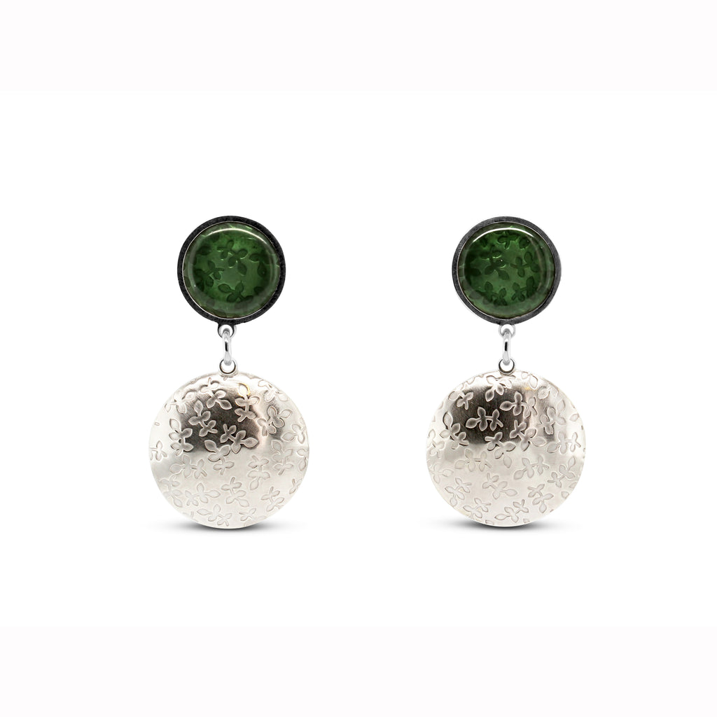 Jane Moore - Sterling Silver Round Dark Green Enamel Drop Earrings - DESIGNYARD, Dublin Ireland.