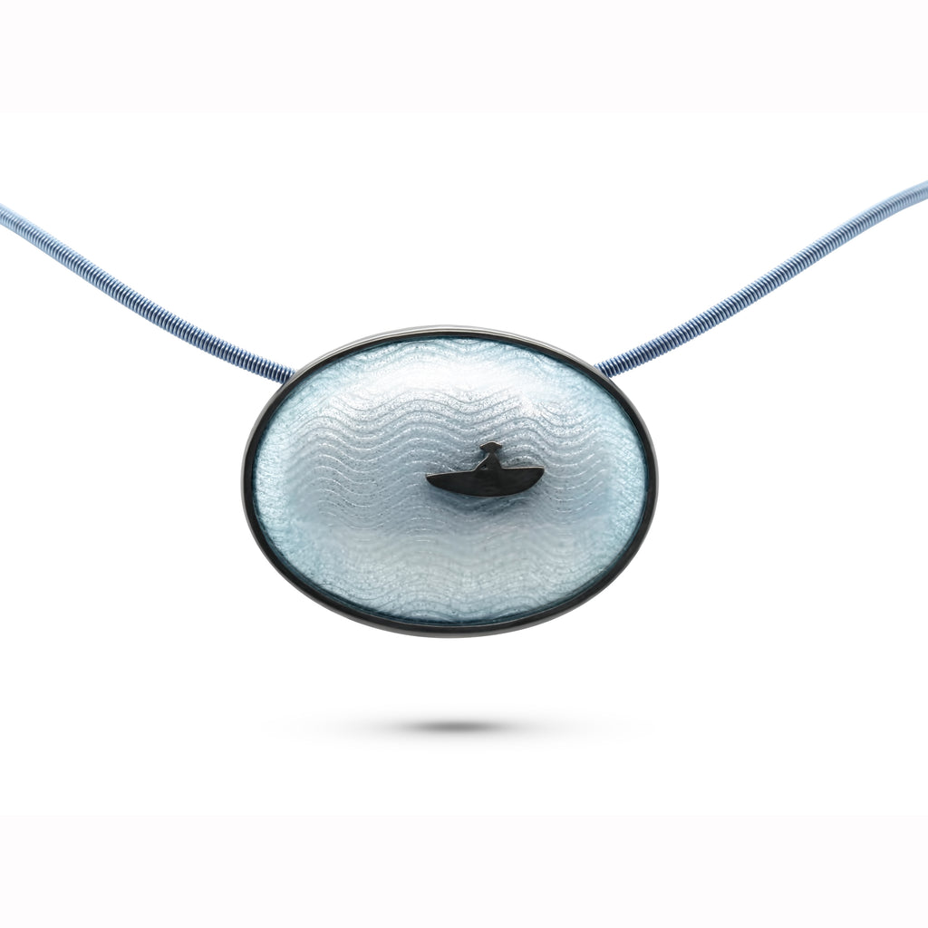 Jane Moore - Sterling Silver Oxidised Enamel Pale Blue Oval Boatman Necklace - DESIGNYARD, Dublin Ireland.