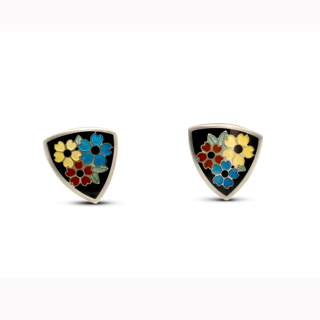 Jane Moore - Sterling Silver Enamel Triangle Flower Earrings - DESIGNYARD, Dublin Ireland.