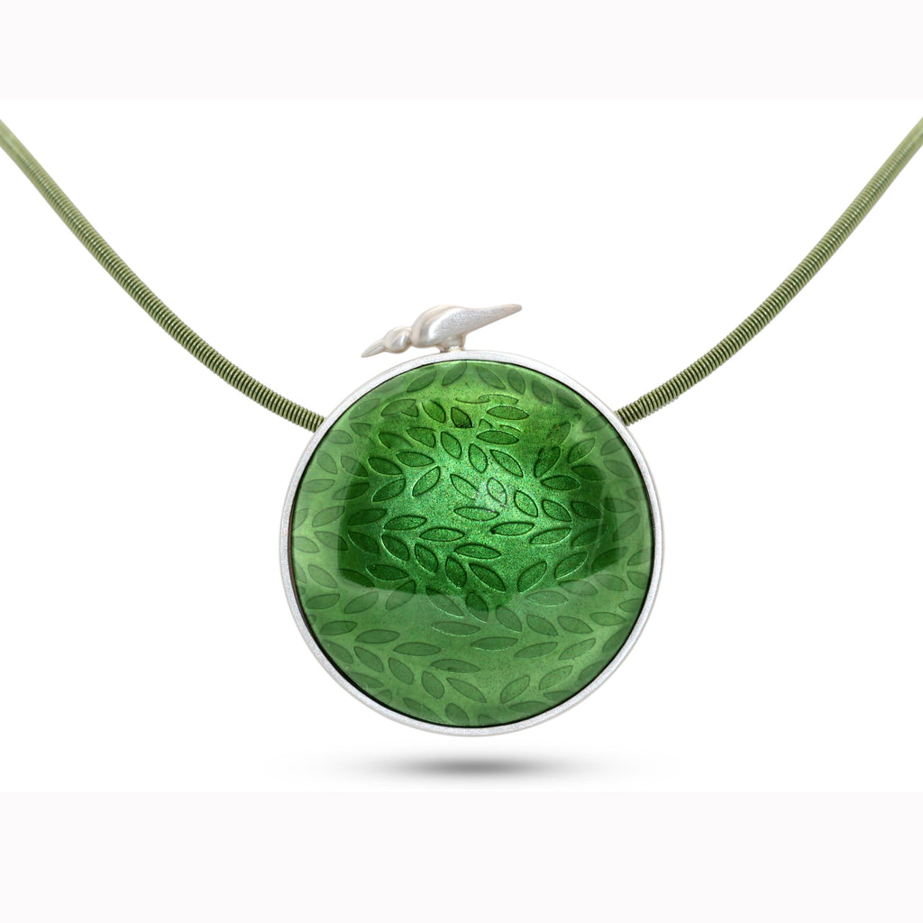 Jane Moore - Sterling Silver Green Enamel Round Bird Necklace - DESIGNYARD, Dublin Ireland.