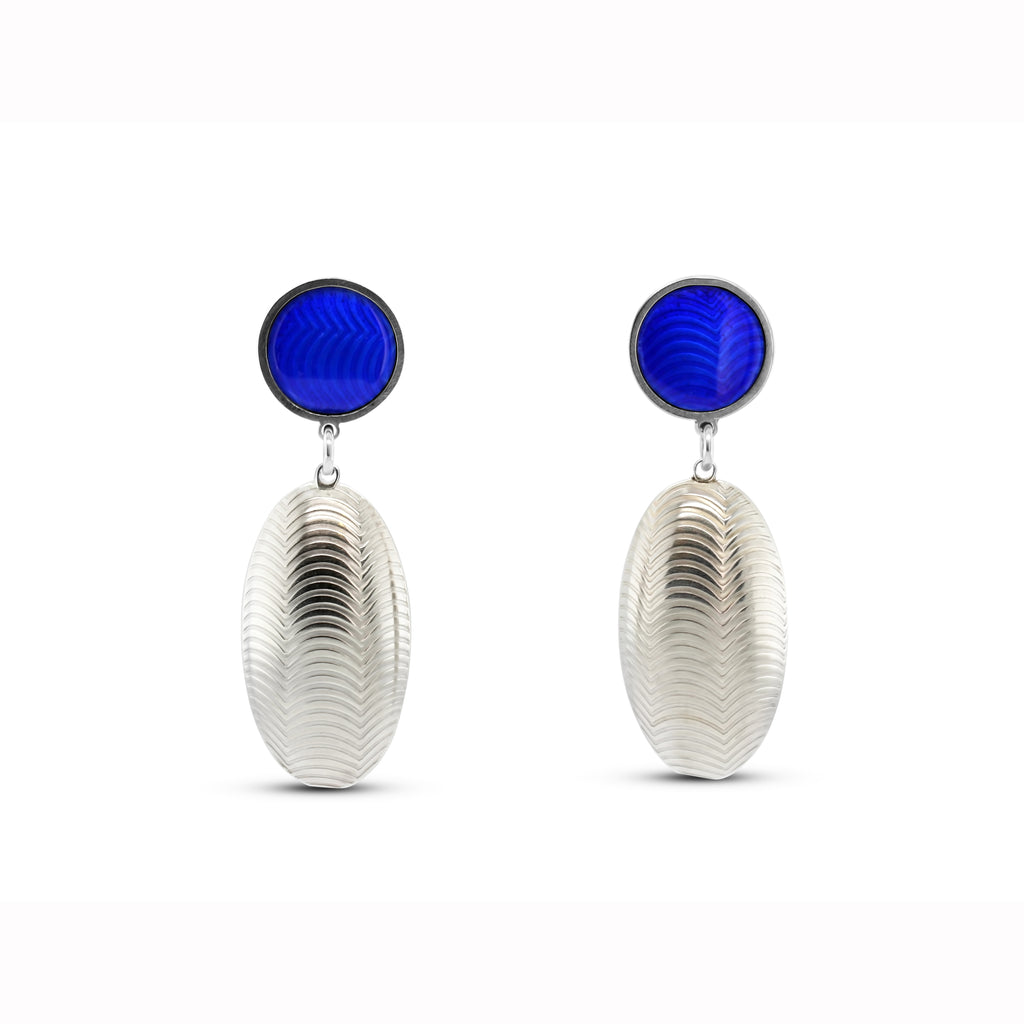 Jane Moore - Sterling Silver Oval Royal Blue Enamel Drop Earrings - DESIGNYARD, Dublin Ireland.