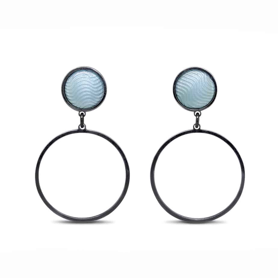 Jane Moore - Sterling Silver Oxidised Light Blue Enamel Round Drop Earrings - DESIGNYARD, Dublin Ireland.