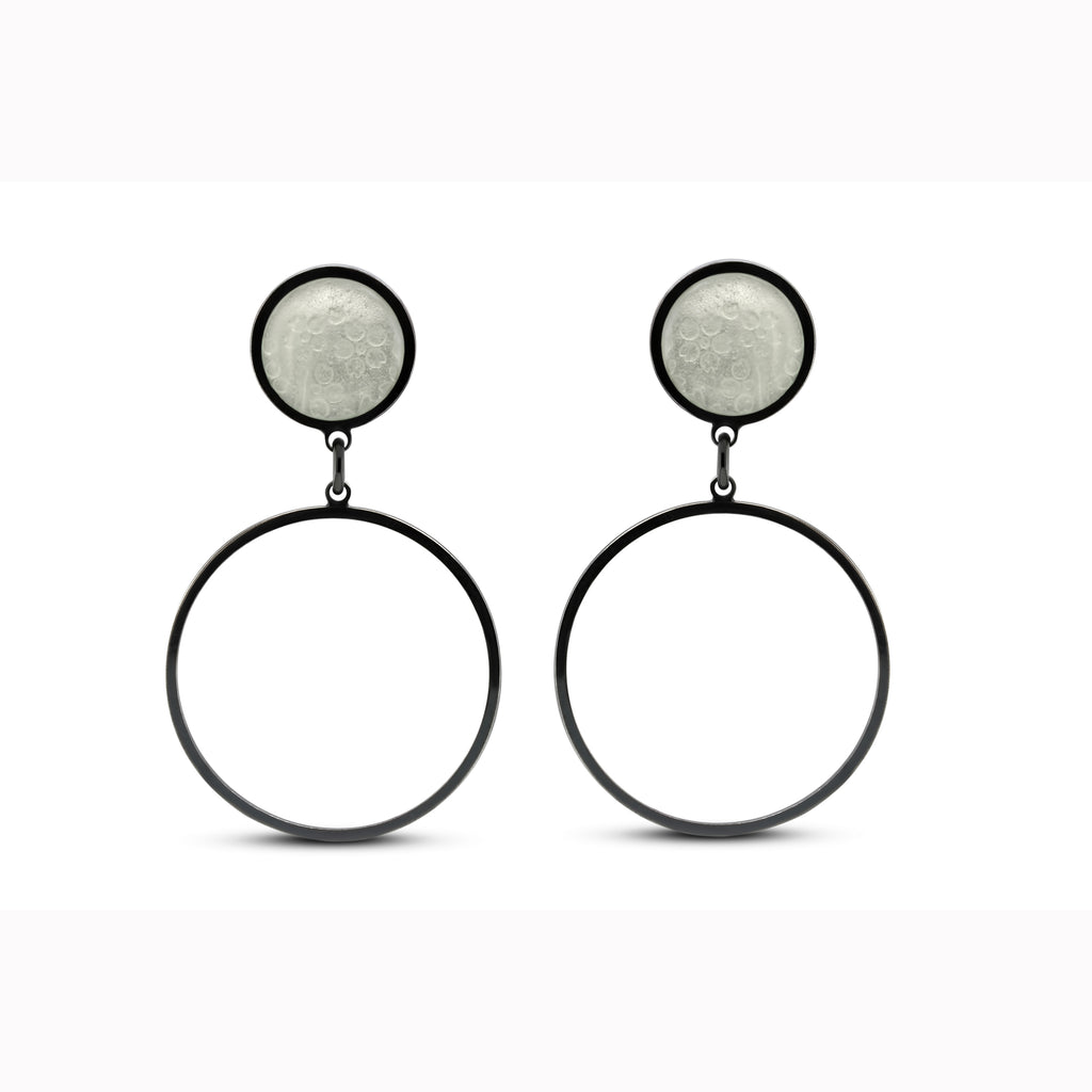 Jane Moore - Sterling Silver Oxidised White Enamel Round Drop Earrings - DESIGNYARD, Dublin Ireland.