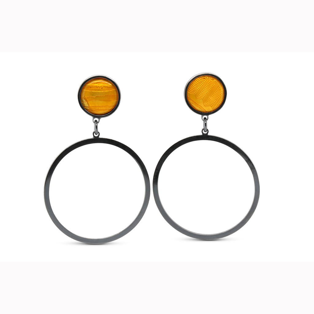 Jane Moore - Sterling Silver Oxidised Yellow Enamel Round Drop Earrings - DESIGNYARD, Dublin Ireland.