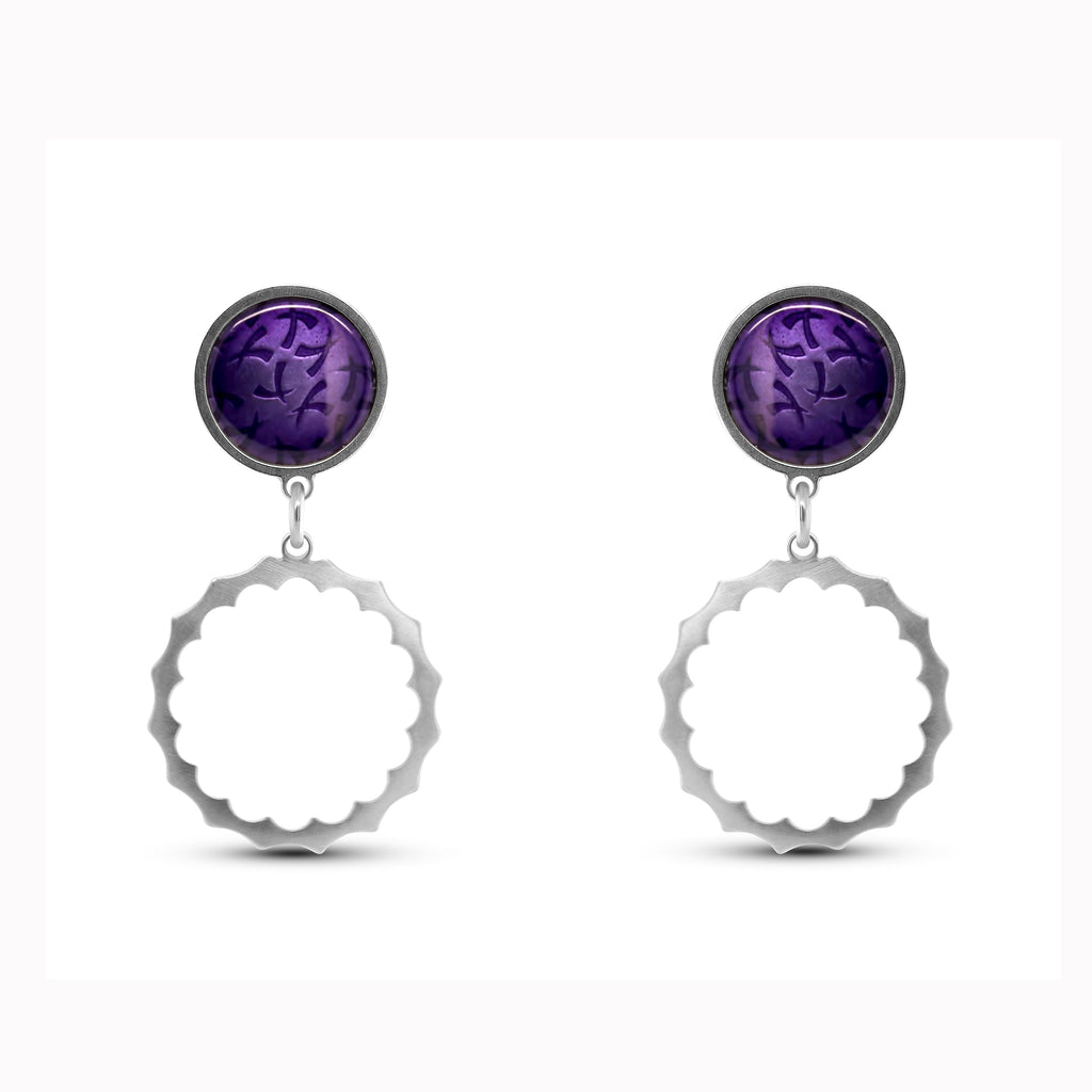 Jane Moore - Sterling Silver Purple Enamel Spikey Round Drop Earrings - DESIGNYARD, Dublin Ireland.