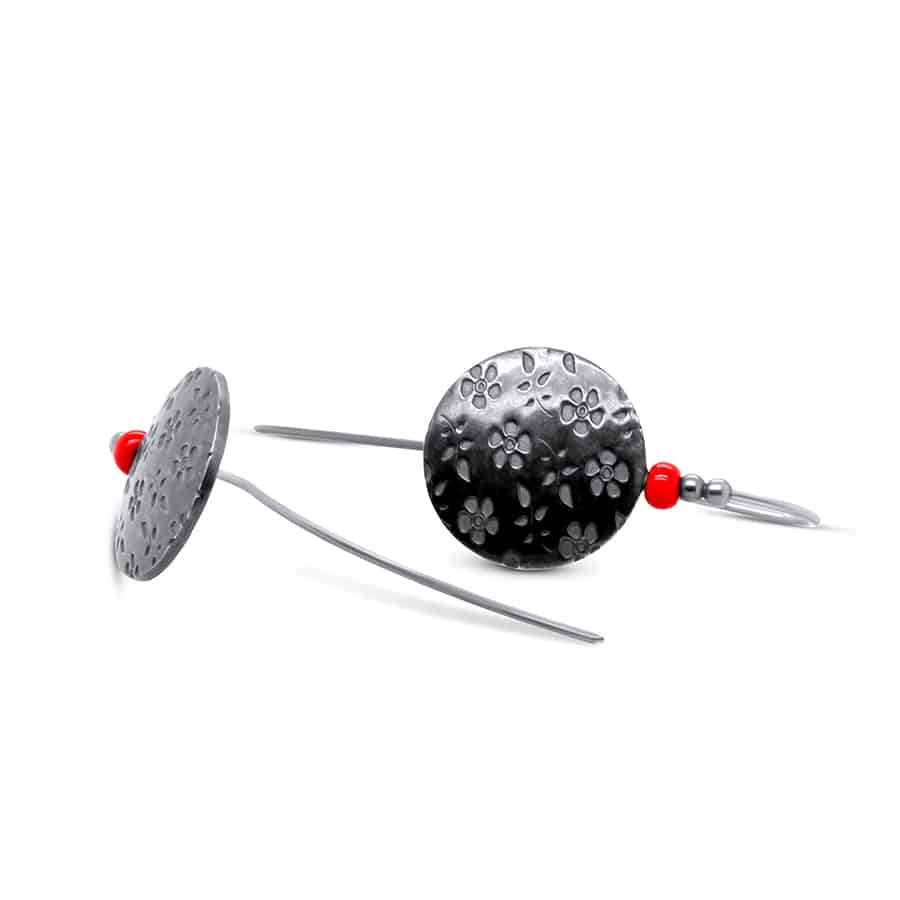 Jane Moore - Sterling Silver Oxidised Red Glass Embossed Flower Earrings - DESIGNYARD, Dublin Ireland.