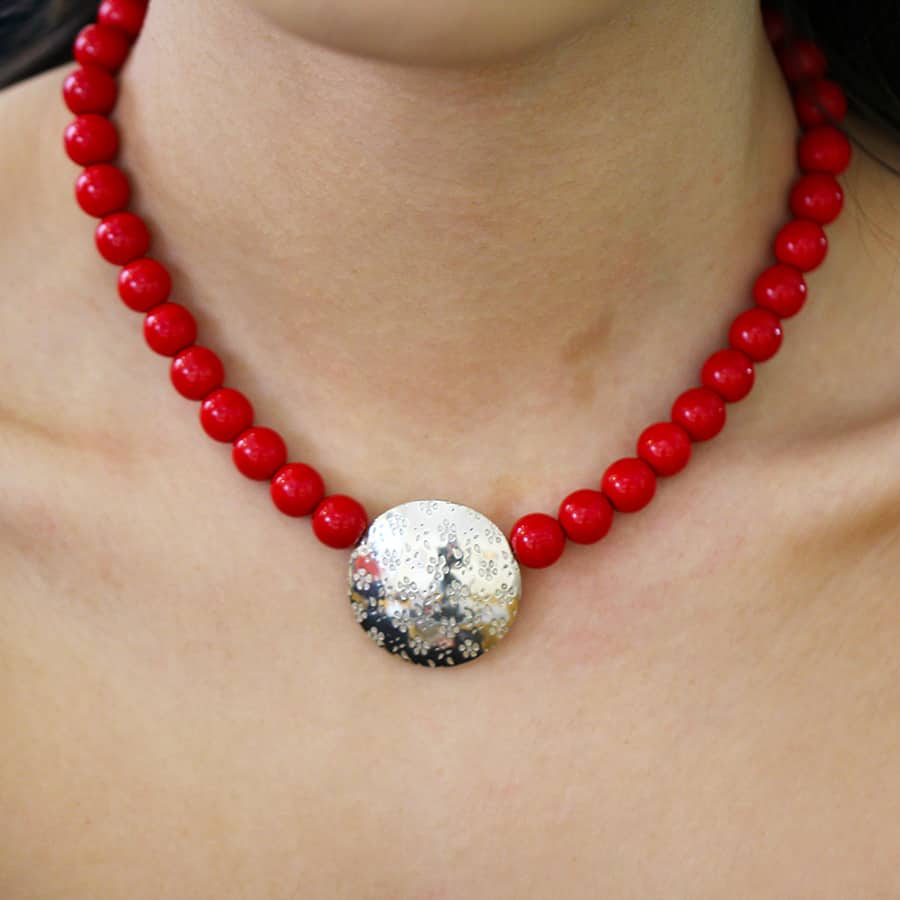 Jane Moore - Sterling Silver Red Glass Embossed Flower Necklace - DESIGNYARD, Dublin Ireland.