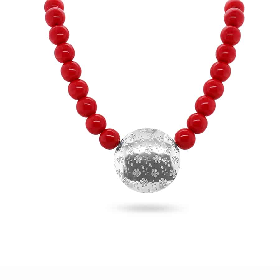 Jane Moore - Sterling Silver Red Glass Embossed Flower Necklace - DESIGNYARD, Dublin Ireland.