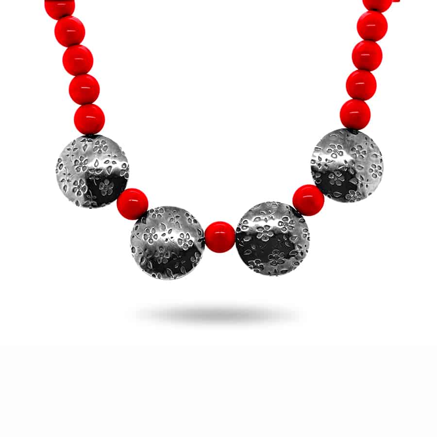 Jane Moore - Sterling Silver Oxidised Red Glass Embossed Flower Necklace - DESIGNYARD, Dublin Ireland.