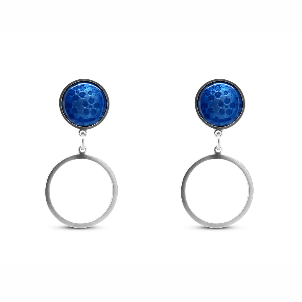 Jane Moore - Sterling Silver Round Light Blue Enamel Drop Earrings - DESIGNYARD, Dublin Ireland.