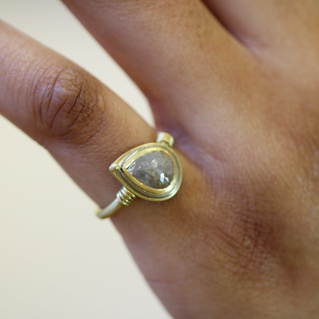 Jean Scott-Moncrieff - 18k Yellow White Gold Rose Cut Pear Diamond Ring - DESIGNYARD, Dublin Ireland.