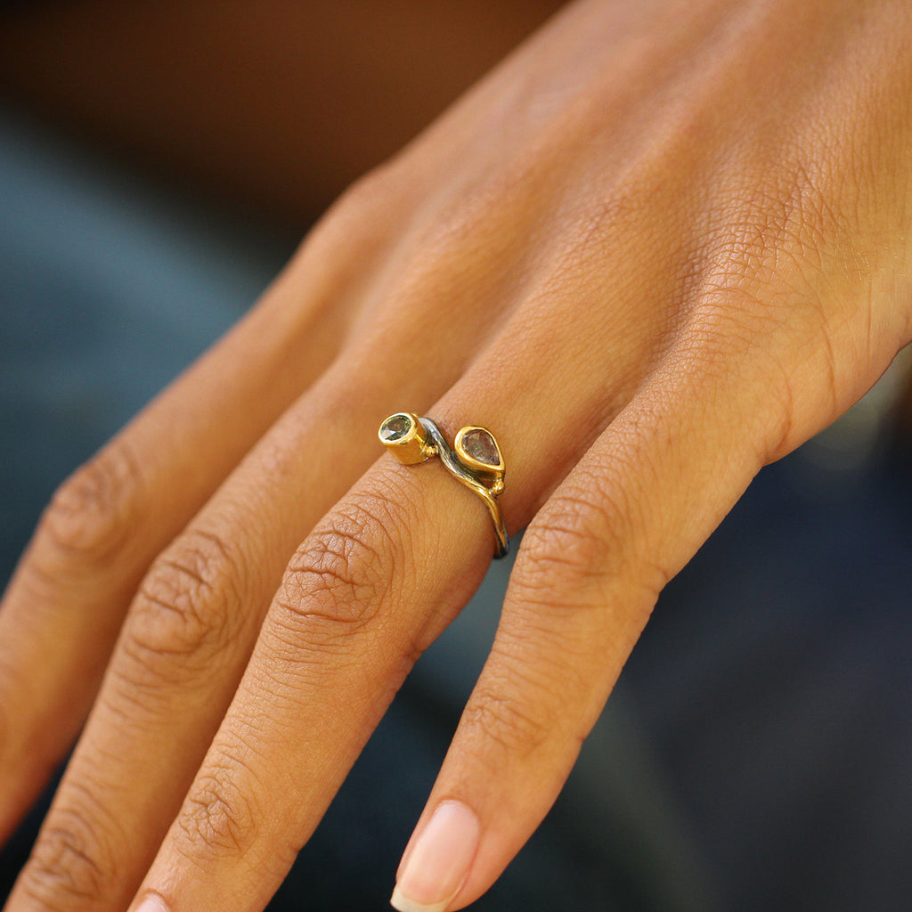 Photograph 3 of Josephine Bergsøe's contemporary Yellow Gold & Silver Green Sapphire Seafire Engagement Ring. Available on DESIGNYARD.com and in our Jewellery Shop Dublin, Ireland. Free Worldwide Shipping with DHL.