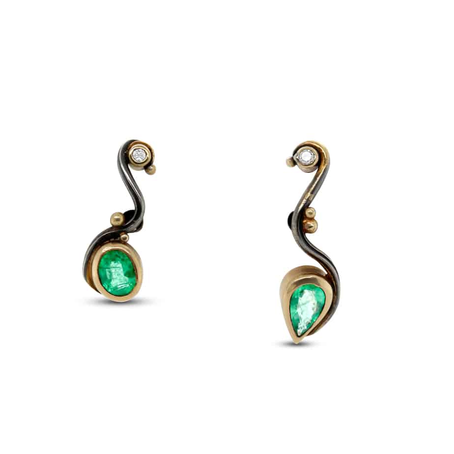 Photograph 1 of Josephine Bergsøe's Organic Silver & Gold Emerald Diamond Seafire Earrings. Available on DESIGNYARD.com and in our Jewellery Shop Dublin, Ireland. Free Worldwide Shipping with DHL.