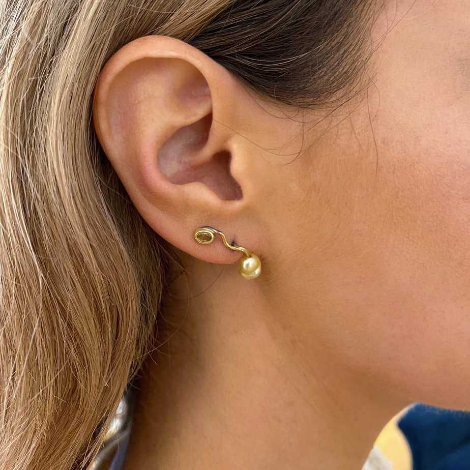 Photograph 2 of Bergsøe's Contemporary Silver and Yellow Gold Yellow Sapphire Keshi Pearl Seafire Earrings. Available on DESIGNYARD.com and in our Jewellery Shop Dublin, Ireland. Free Worldwide Shipping with DHL.