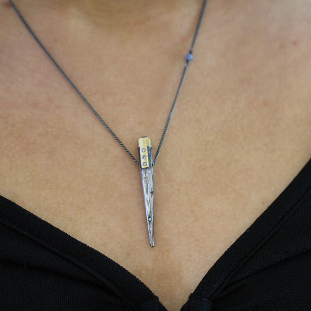 Photograph 3 of Bergsøe's Handmade Oxidised Silver 22k Yellow Gold Star Sapphire Diamond Necklace. Available on DESIGNYARD.com and in our Jewellery Shop Dublin, Ireland. Free Worldwide Shipping with DHL.