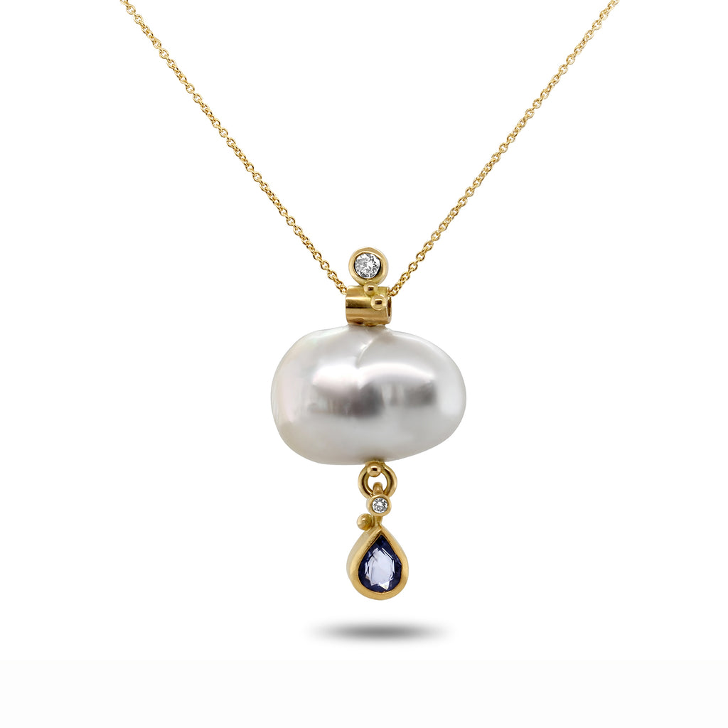 Josephine Bergsøe - 18k 22k Yellow Gold Sapphire Diamond Gone Fishing Pearl Necklace - DESIGNYARD, Dublin Ireland.