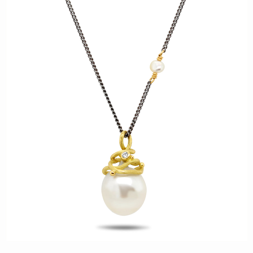 Josephine Bergsøe - Oxidised Silver 18k Yellow Gold Pearl Diamond Necklace - DESIGNYARD, Dublin Ireland.