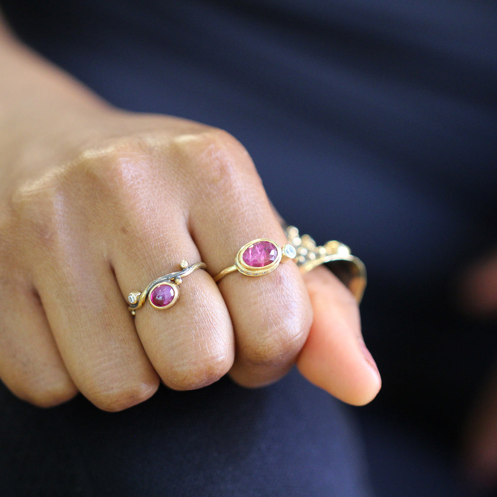 Photograph 5 of Josephine Bergsøe's Contemporary Yellow Gold Pink Sapphire Diamond Cocktail Ring. Available on DESIGNYARD.com and in our Jewellery Shop Dublin, Ireland. Free Worldwide Shipping with DHL.