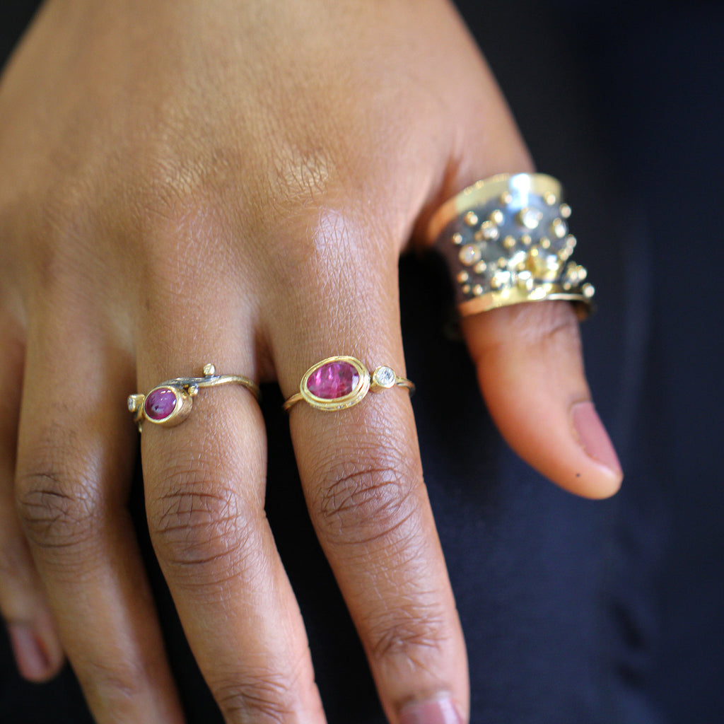 Photograph 3 of Josephine Bergsøe's Contemporary Yellow Gold Pink Sapphire Diamond Cocktail Ring. Available on DESIGNYARD.com and in our Jewellery Shop Dublin, Ireland. Free Worldwide Shipping with DHL.