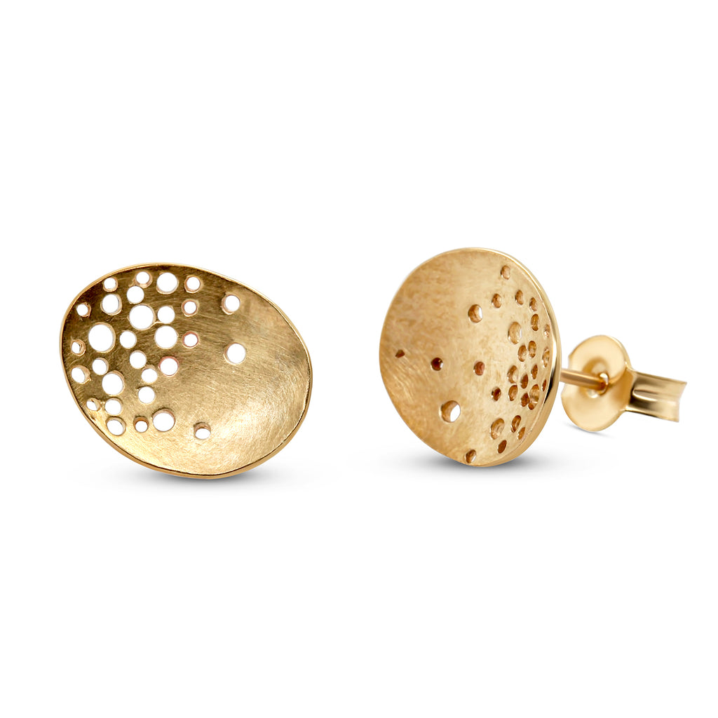 Photograph 1 of Kate Smith's Contemporary 9k Yellow Gold Oval Patterned Earrings. Available on  DESIGNYARD.com and in our Jewellery Shop Dublin, Ireland. Free Worldwide Shipping with DHL.