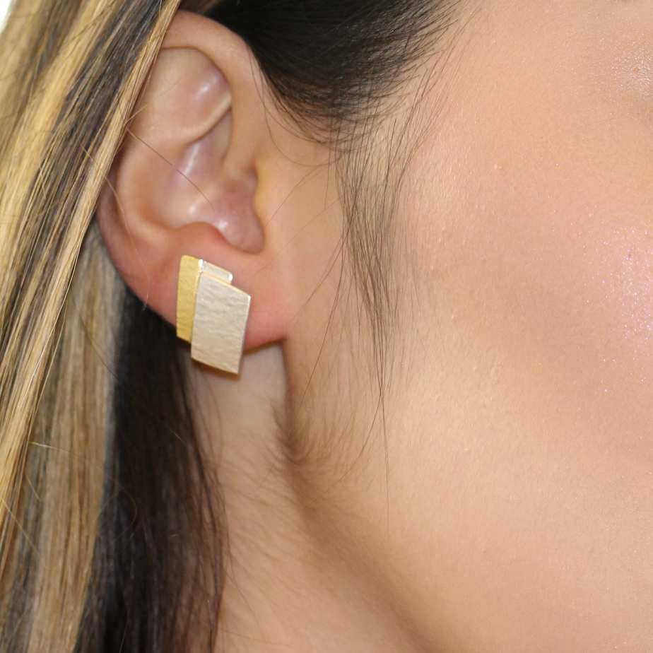 Photograph 3 of Manu's Contemporary Sterling Silver 22k Yellow Gold Bi-Metal Perspective Statement Earrings. Available on DESIGNYARD.com and in our Jewellery Shop Dublin, Ireland. Free Worldwide Shipping with DHL.