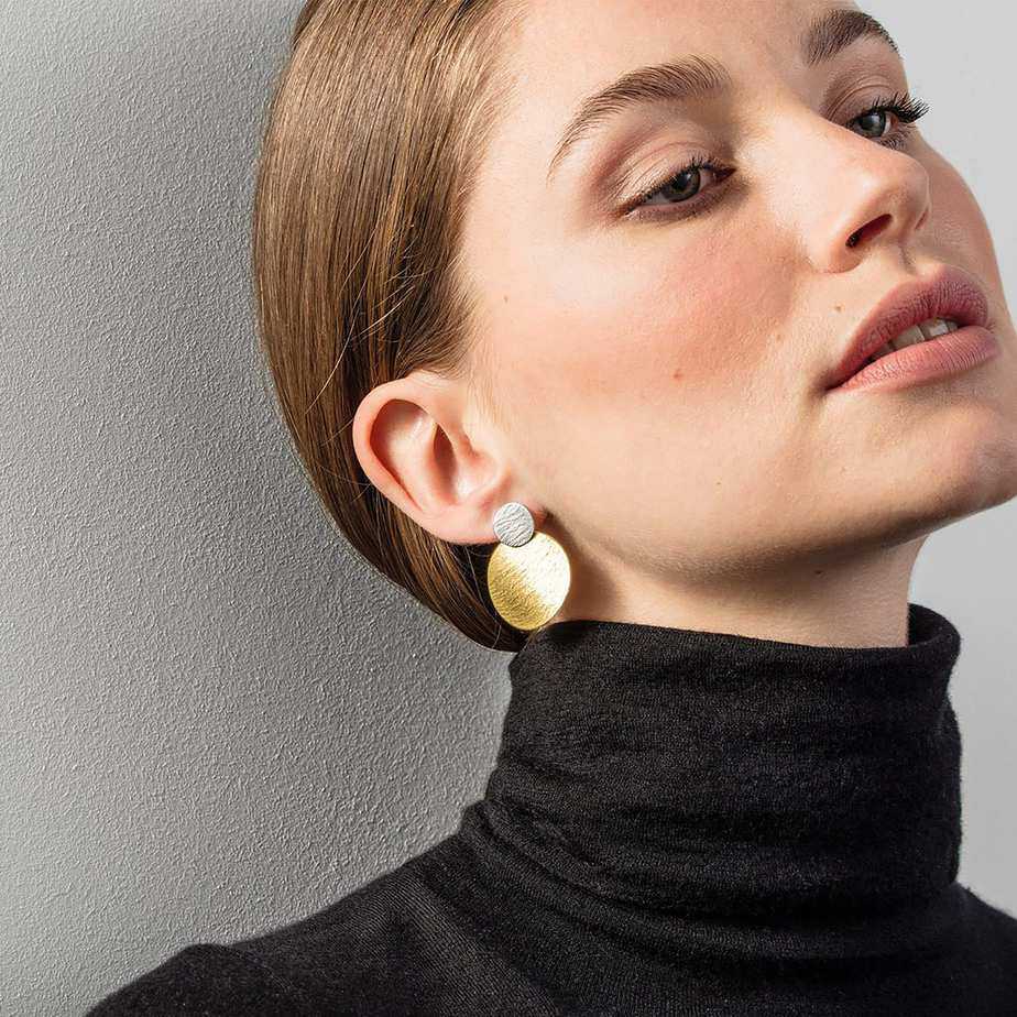 Photograph 2 of Manu's Contemporary Sterling Silver 22k Yellow Gold-Bi-Metal Round Disc Drop Statement Earrings. Available on DESIGNYARD.com and in our Jewellery Shop Dublin, Ireland. Free Worldwide Shipping with DHL.